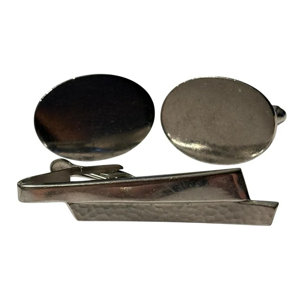 Vintage Cufflinks Tie Bar Signed Anson & Foster Mens Silver‎ Tone Classic Formal